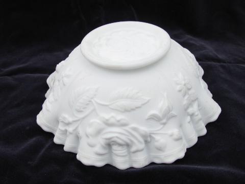 photo of puffy roses white satin glass vintage Fenton ruffled bowl, embossed plate #6