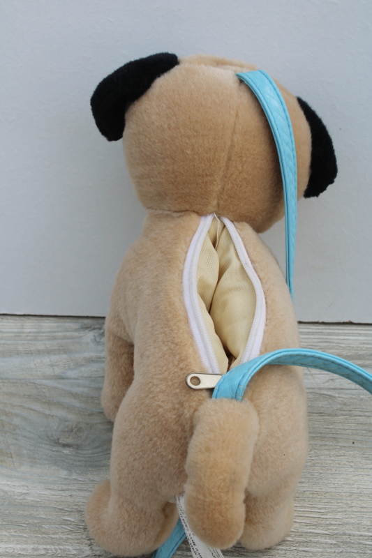 photo of pug dog stuffed plush shoulder bag, zipper purse toy puppy w/ carrying strap #4