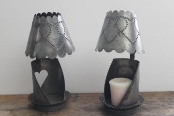 catalog photo of punched tin candle holders w/ lamp shades vintage hearts colonial style country primitives 