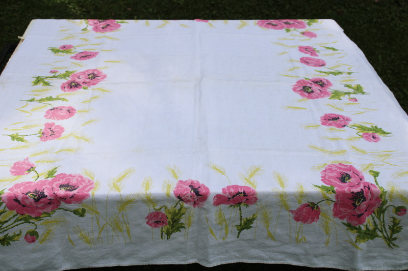 photo of pure linen tablecloth, w/ pink poppies floral print, mid century vintage kitchen tablecloth  #1