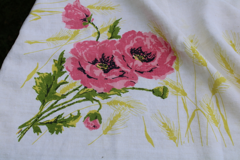 photo of pure linen tablecloth, w/ pink poppies floral print, mid century vintage kitchen tablecloth  #4