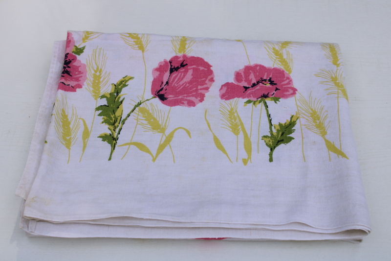 photo of pure linen tablecloth, w/ pink poppies floral print, mid century vintage kitchen tablecloth  #5