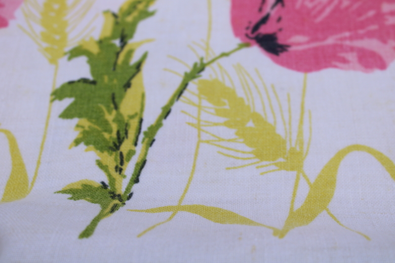 photo of pure linen tablecloth, w/ pink poppies floral print, mid century vintage kitchen tablecloth  #6