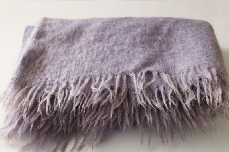 photo of pure mohair wool woven throw, vintage lap blanket pale muted lavender color  #2