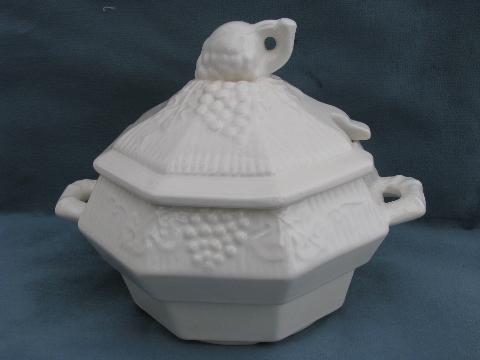 photo of pure white ceramic soup tureen in fruits pattern, vintage California pottery #1