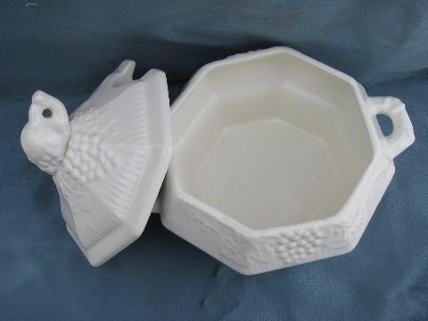 photo of pure white ceramic soup tureen in fruits pattern, vintage California pottery #2