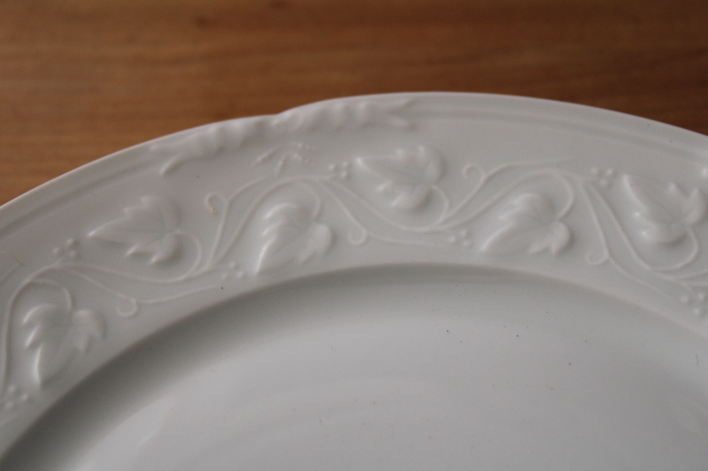 photo of pure white china Imperatrice Charles Field Haviland plate, embossed leaves vine border #2