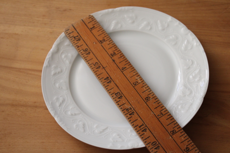 photo of pure white china Imperatrice Charles Field Haviland plate, embossed leaves vine border #3