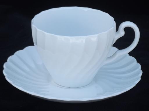 photo of pure white china cups & saucers, vintage Snowhite Regency Johnson Bros. #2