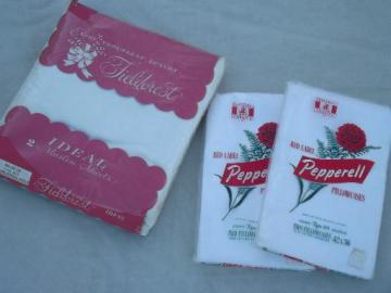 catalog photo of pure white cotton pillowcases and sheet in original vintage packages