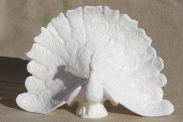 catalog photo of pure white porcelain peacock figurine, white peacock for good luck