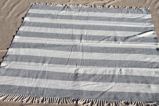 photo of pure wool fringed throw, rustic alpine white & grey striped camp blanket #1