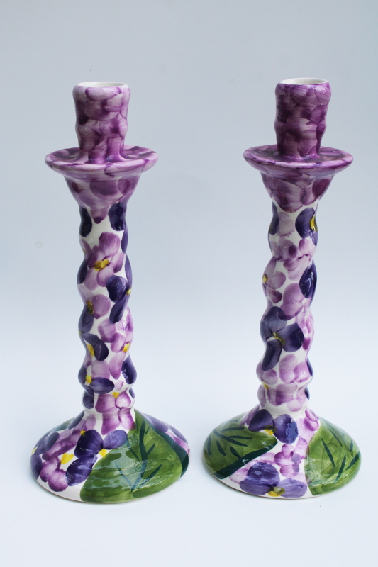 photo of purple floral vintage Portugal pottery hand painted candlesticks Jay Willfred Andrea by Sadek #1