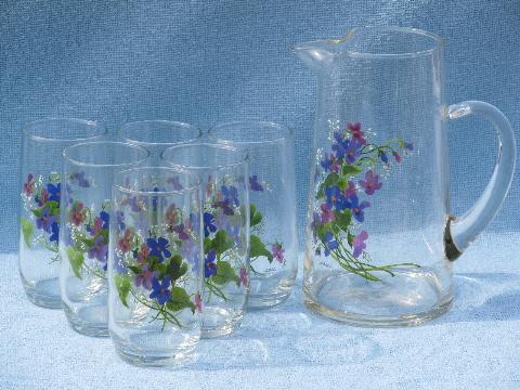 photo of purple violets Arocoroc France glass lemonade set, pitcher & glasses #1