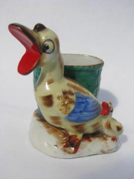 catalog photo of quacking duck & baby duckling, vintage hand-painted Japan pocket vase