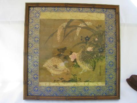 photo of quail birds on blue & gold, vintage chinoiserie print, carved wood bamboo frame #1