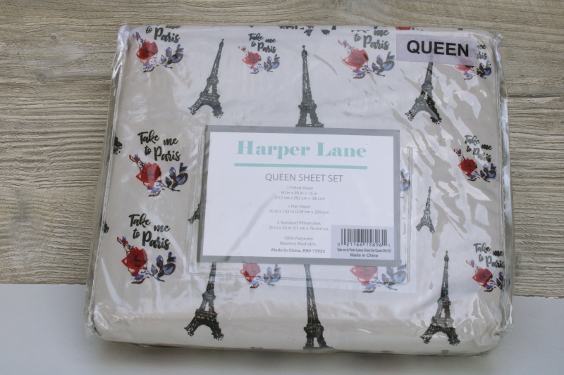 photo of queen size bed sheets set Take me to Paris retro French Eiffel Tower print microfiber bedding #1