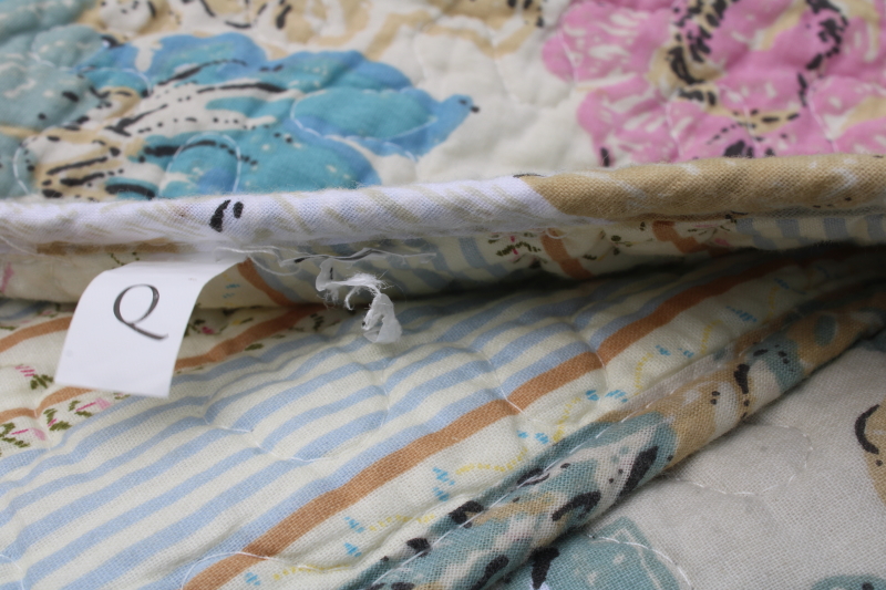photo of queen size quilted cotton bedspread & shams, boho paisley print reversible floral stripe, blue pink tan  #2