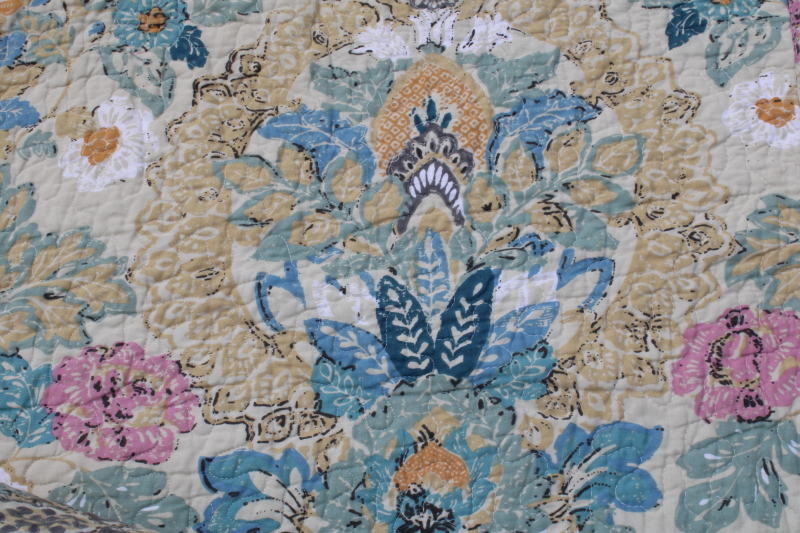 photo of queen size quilted cotton bedspread & shams, boho paisley print reversible floral stripe, blue pink tan  #3