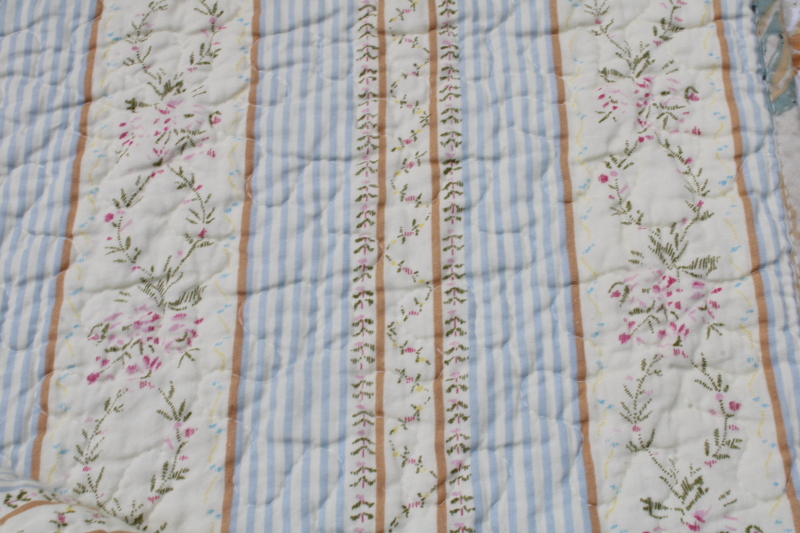 photo of queen size quilted cotton bedspread & shams, boho paisley print reversible floral stripe, blue pink tan  #4