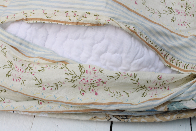 photo of queen size quilted cotton bedspread & shams, boho paisley print reversible floral stripe, blue pink tan  #5