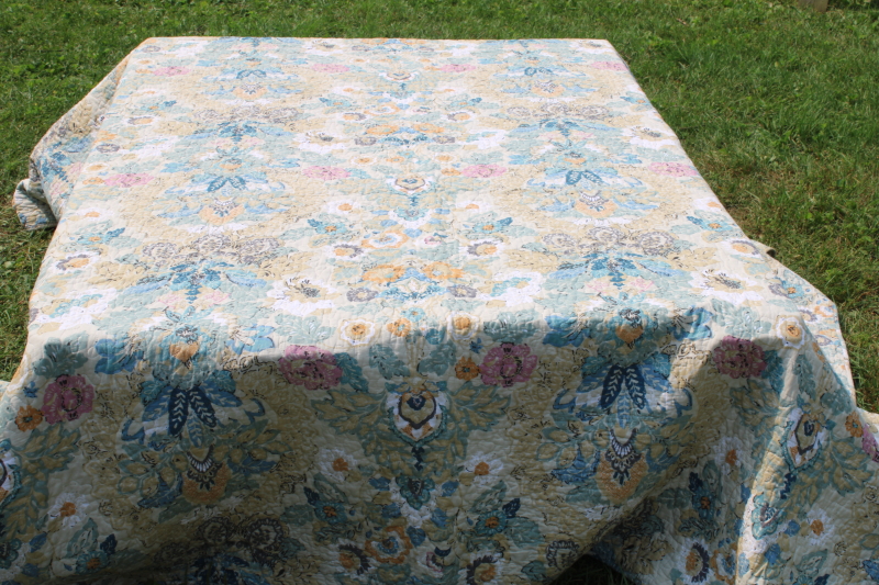 photo of queen size quilted cotton bedspread & shams, boho paisley print reversible floral stripe, blue pink tan  #6