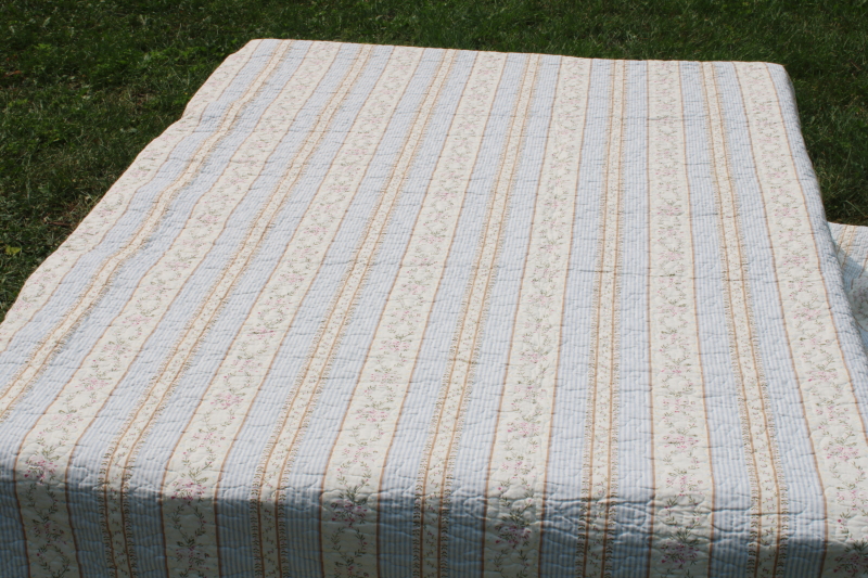 photo of queen size quilted cotton bedspread & shams, boho paisley print reversible floral stripe, blue pink tan  #7