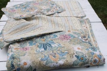 catalog photo of queen size quilted cotton bedspread & shams, boho paisley print reversible floral stripe, blue pink tan 