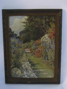 catalog photo of quiet bench in cottage garden delphiniums, antique floral print vintage frame