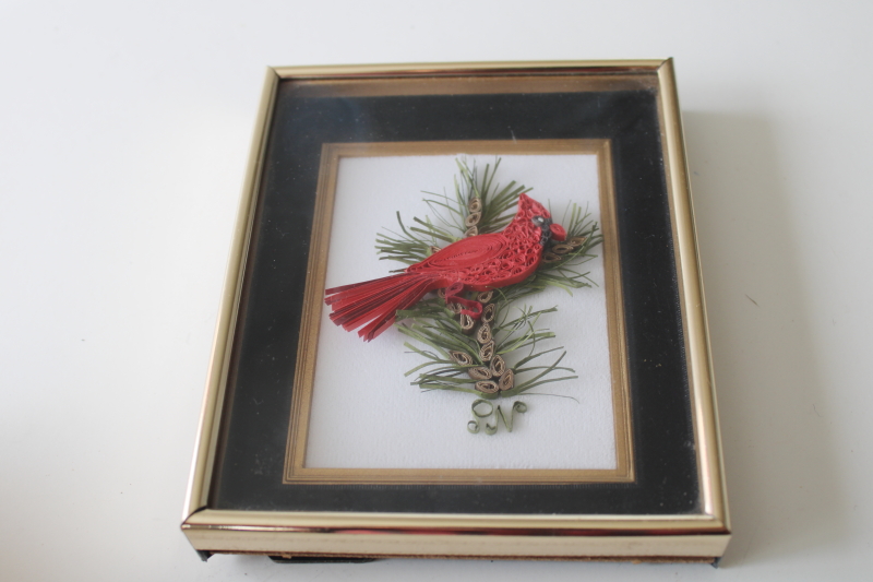 photo of quilled paper art, red cardinal bird framed holiday decor, handmade quilling #1