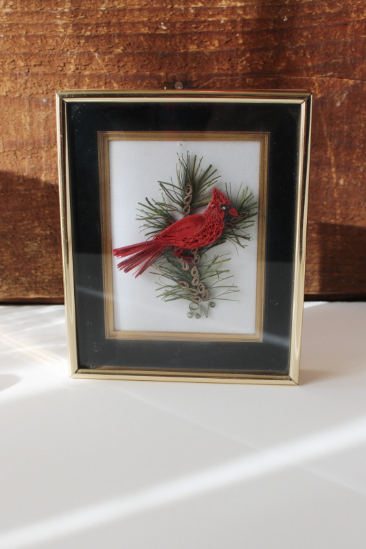 photo of quilled paper art, red cardinal bird framed holiday decor, handmade quilling #2