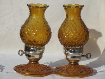 catalog photo of quilted pattern amber glass lamps w/ hurricane shades, vintage lamp set