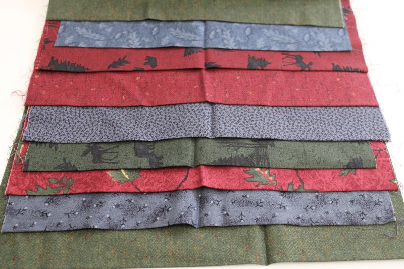 photo of quilting cotton fabric lot, barn red, pine green, blue rustic northwoods prints #1