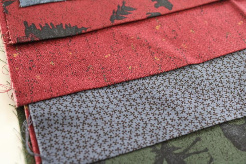 photo of quilting cotton fabric lot, barn red, pine green, blue rustic northwoods prints #4