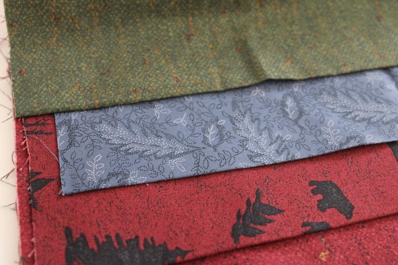 photo of quilting cotton fabric lot, barn red, pine green, blue rustic northwoods prints #5