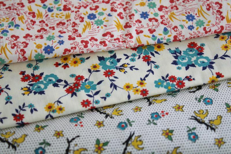 photo of quilting fabric lot mid-century vintage cotton prints red yellow aqua blue #1