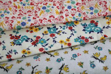 catalog photo of quilting fabric lot mid-century vintage cotton prints red yellow aqua blue