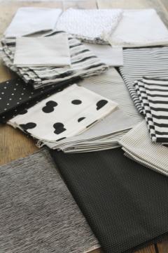 catalog photo of quilting weight fabric lot, black & white prints, stripes & polka dots 90s vintage mod style 