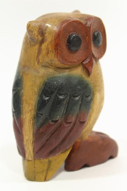 photo of quirky little owl wood carving, 70s 80s vintage handcrafted carved wooden owlet #1