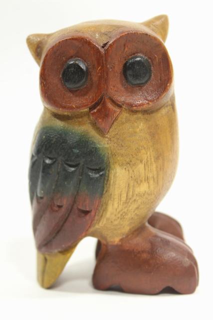 photo of quirky little owl wood carving, 70s 80s vintage handcrafted carved wooden owlet #2