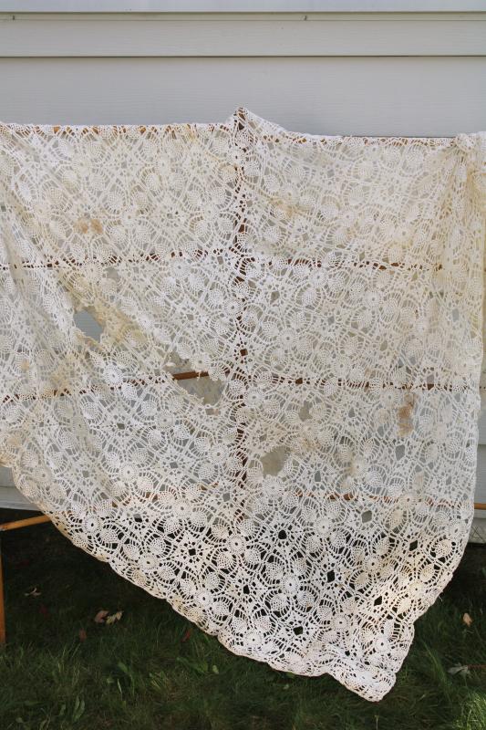 photo of ragged vintage lace bedspread, handmade crochet lace fabric for upcycle or quilting #1
