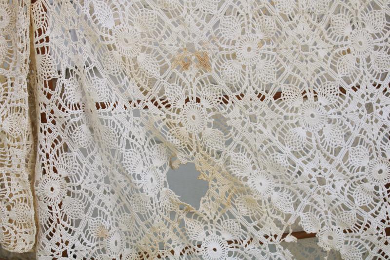 photo of ragged vintage lace bedspread, handmade crochet lace fabric for upcycle or quilting #2