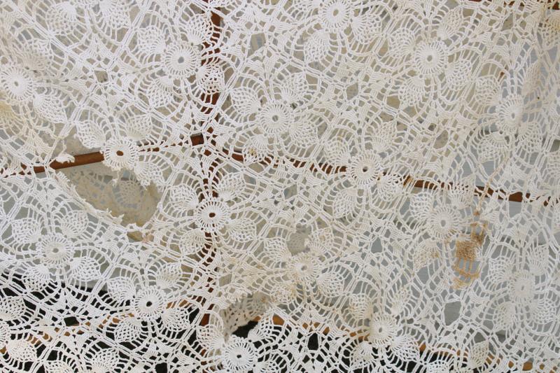 photo of ragged vintage lace bedspread, handmade crochet lace fabric for upcycle or quilting #3