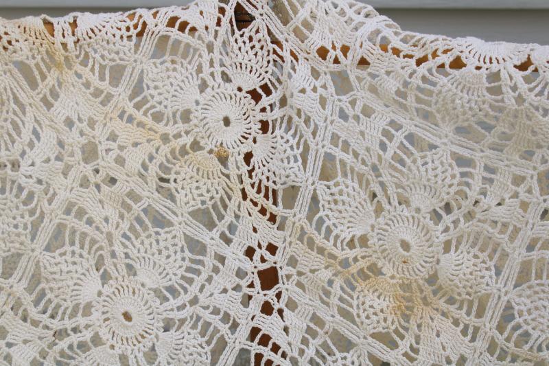 photo of ragged vintage lace bedspread, handmade crochet lace fabric for upcycle or quilting #4