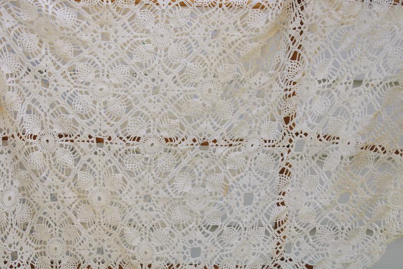 photo of ragged vintage lace bedspread, handmade crochet lace fabric for upcycle or quilting #5
