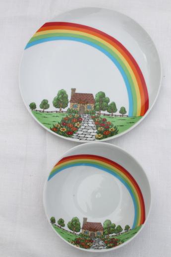 photo of rainbow cottage vintage Enesco china plate & bowl, house at rainbow's end #1