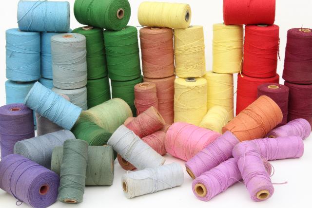 photo of rainbow of vintage cotton string spools, baker's twine cord yarn or weaving thread #1