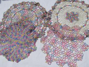 catalog photo of rainbow pastels vintage varigated cotton tatting & crochet thread lace doilies lot