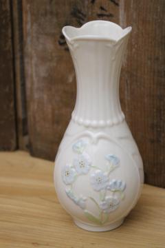 catalog photo of rare Belleek vase, Irish blue flax or forget me not flowers blue floral circa 2010