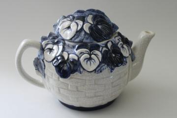 catalog photo of rare Dedham pottery teapot basket of pansies w/ original paperwork, artist signed 